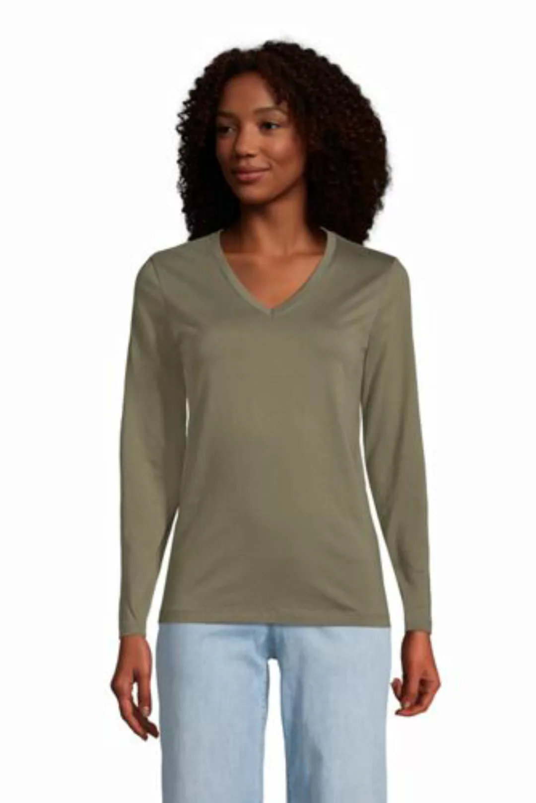 Supima Langarm-Shirt mit V-Ausschnitt, Damen, Größe: XS Normal, Grün, Baumw günstig online kaufen