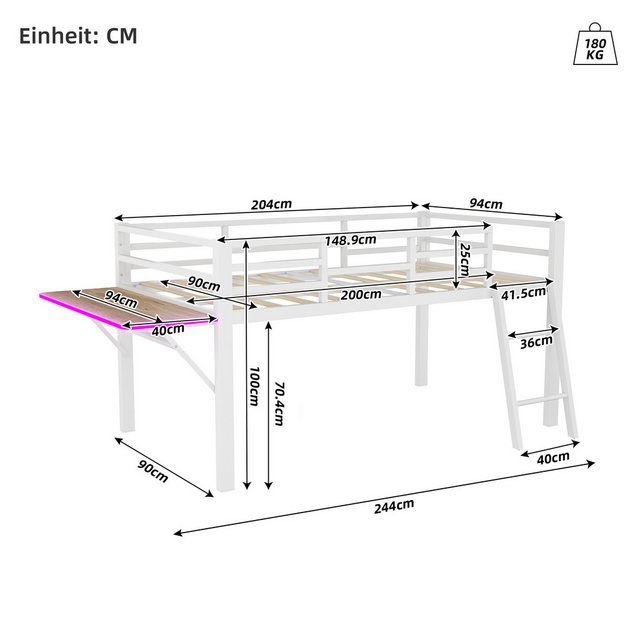 Flieks Hochbett Metallbett Kinderbett 90x200cm mit LED Klapp-Schreibtisch u günstig online kaufen