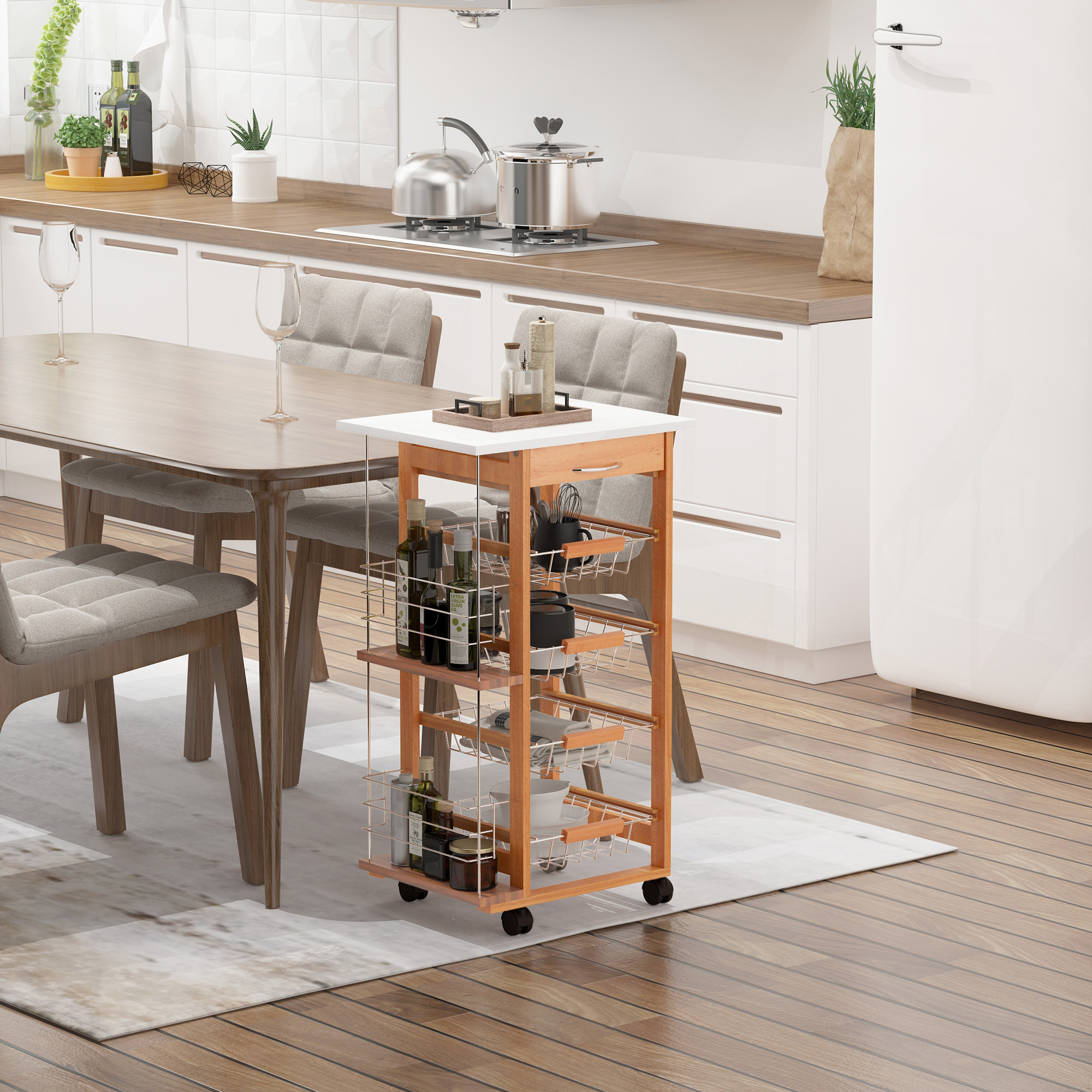 HOMCOM Küchenwagen Platzsparend in Braun aus Holz, Servierwagen mit 1 Arbei günstig online kaufen