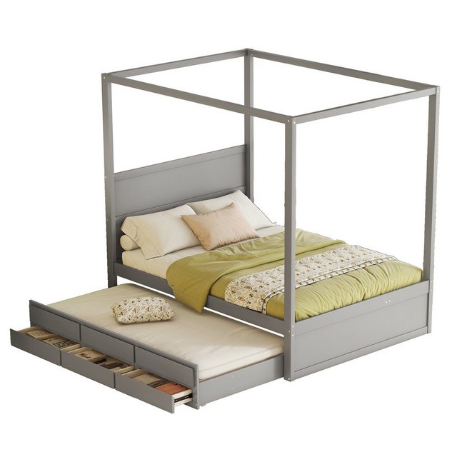 DOPWii Bett 140x200cm Himmelbett mit ausziehbarem Einzelbett,drei Ablagefäc günstig online kaufen