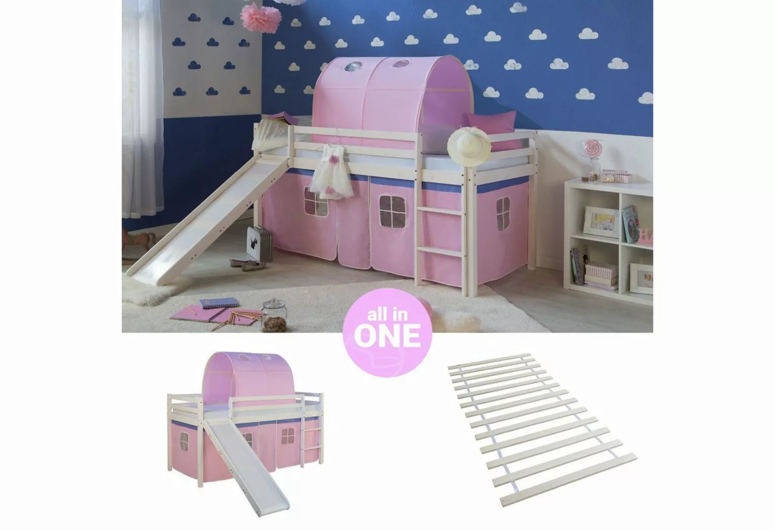 Homestyle4u Hochbett Kinderbett mit Leiter und Vorhang Weiß Rosa Holz Trepp günstig online kaufen