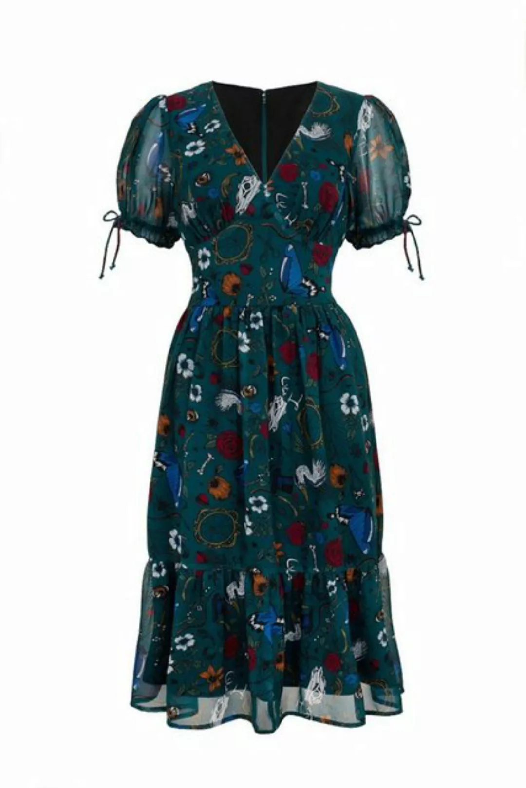 Hell Bunny A-Linien-Kleid Sianna Midi Dress Teal Vintage Retro Blumen Druck günstig online kaufen