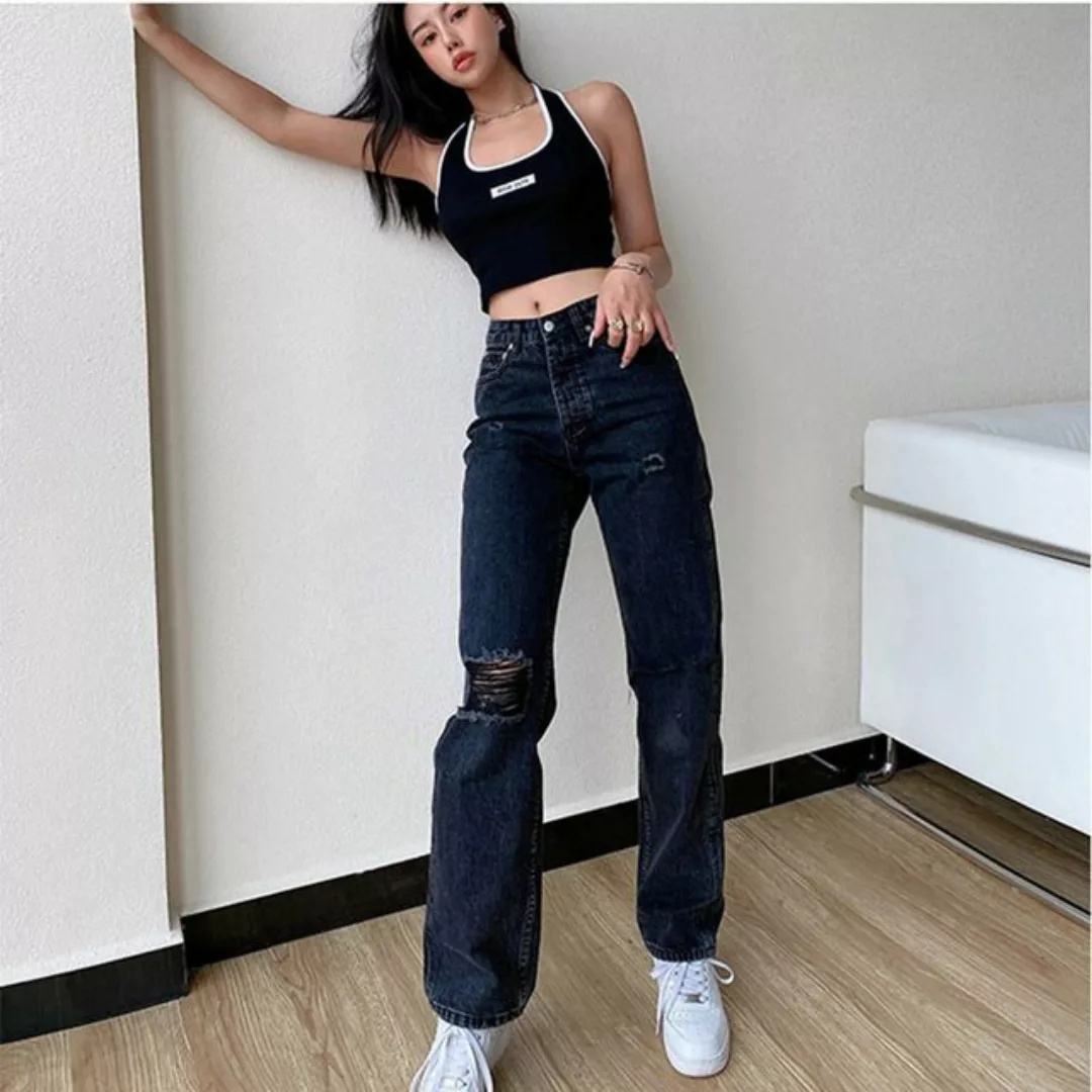 RUZU UG Straight-Jeans Damen Hoher Taille Jeans Stretch Loose Jeanshose Boy günstig online kaufen