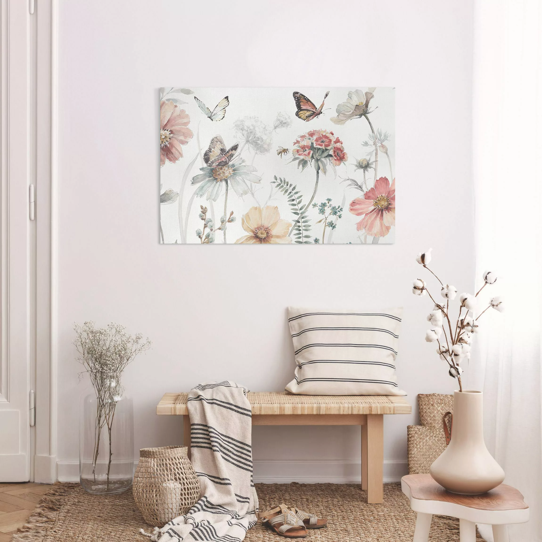 Leinwandbild Aquarell Blumenwiese mit Schmetterlingen günstig online kaufen