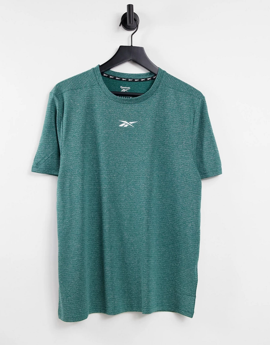 Reebok – T-Shirt in meliertem Blaugrün mit mittigem Logo günstig online kaufen