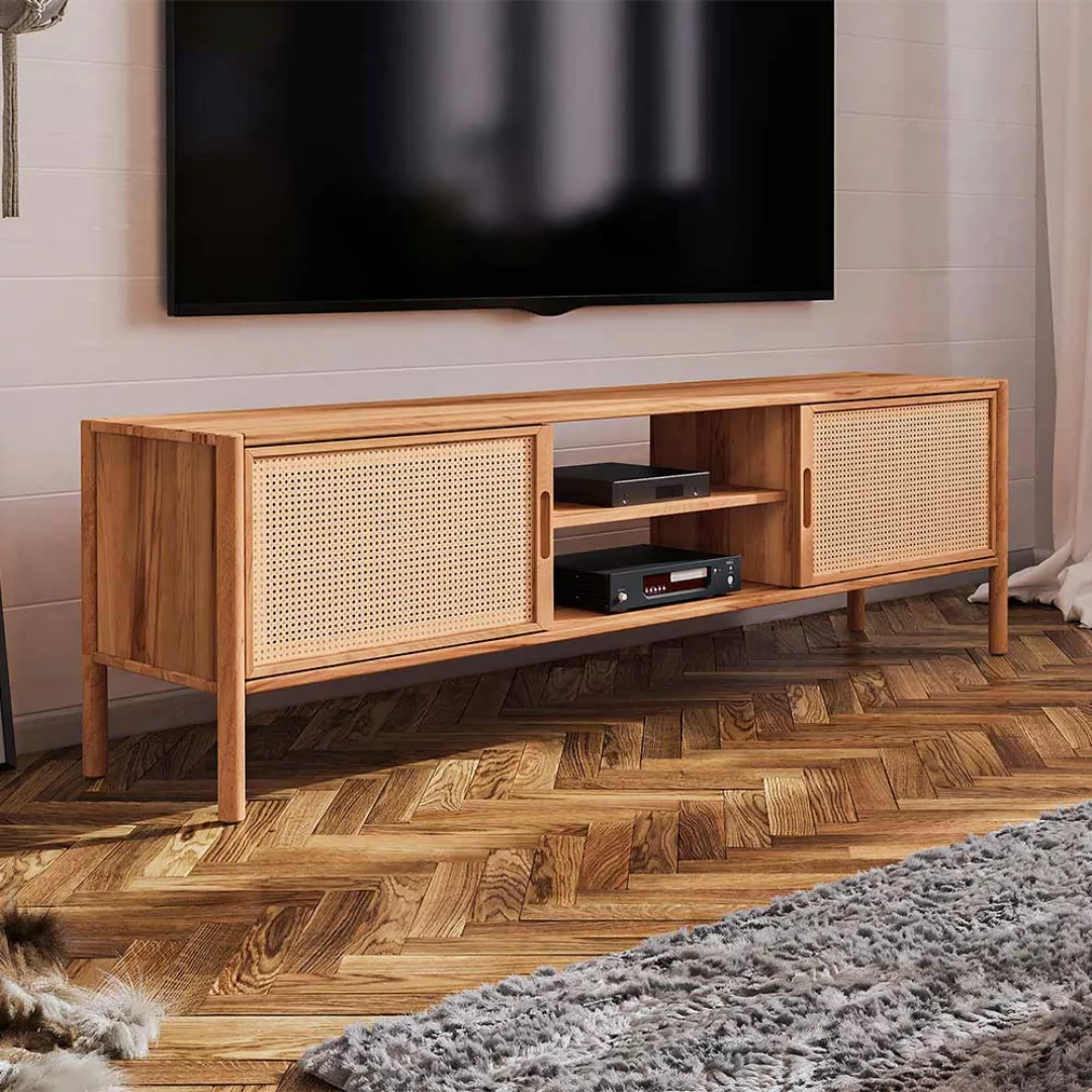 Unterschrank Fernseher aus Wildbuche Massivholz und Rattan 64 cm hoch günstig online kaufen