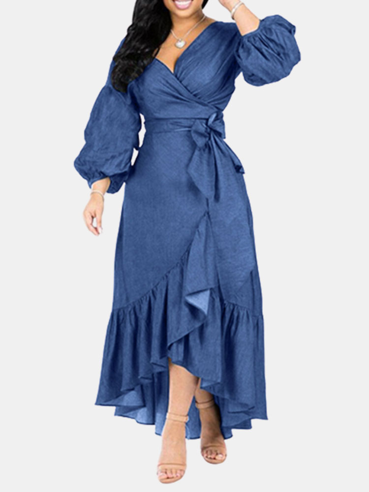 Puffärmel V-Ausschnitt mit Gürtel Rüschen Denim Kleid günstig online kaufen