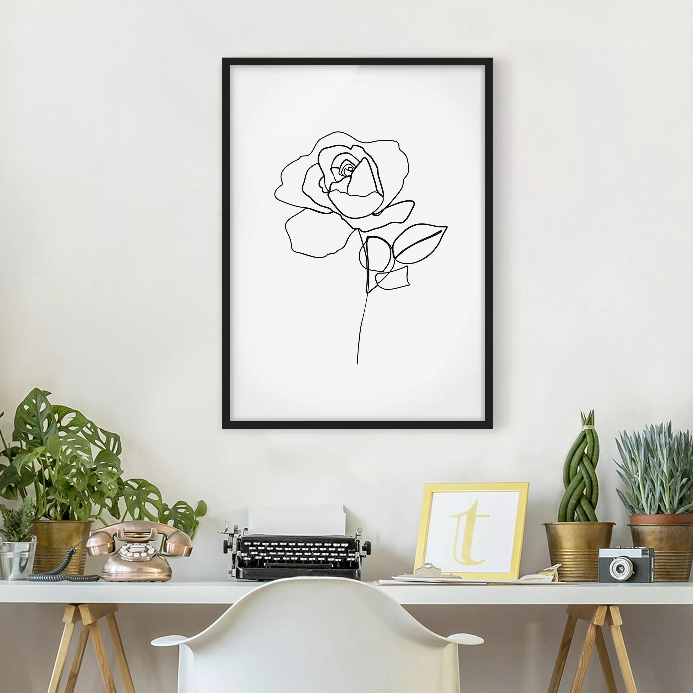 Bild mit Rahmen Schwarz-Weiß - Hochformat Line Art Rose Schwarz Weiß günstig online kaufen