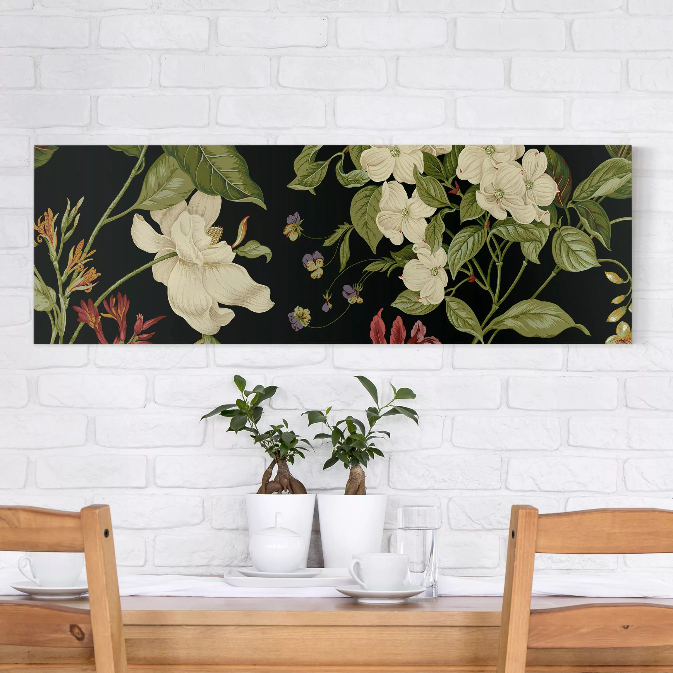 Leinwandbild Blumen - Panorama Gartenblumen auf Schwarz I günstig online kaufen