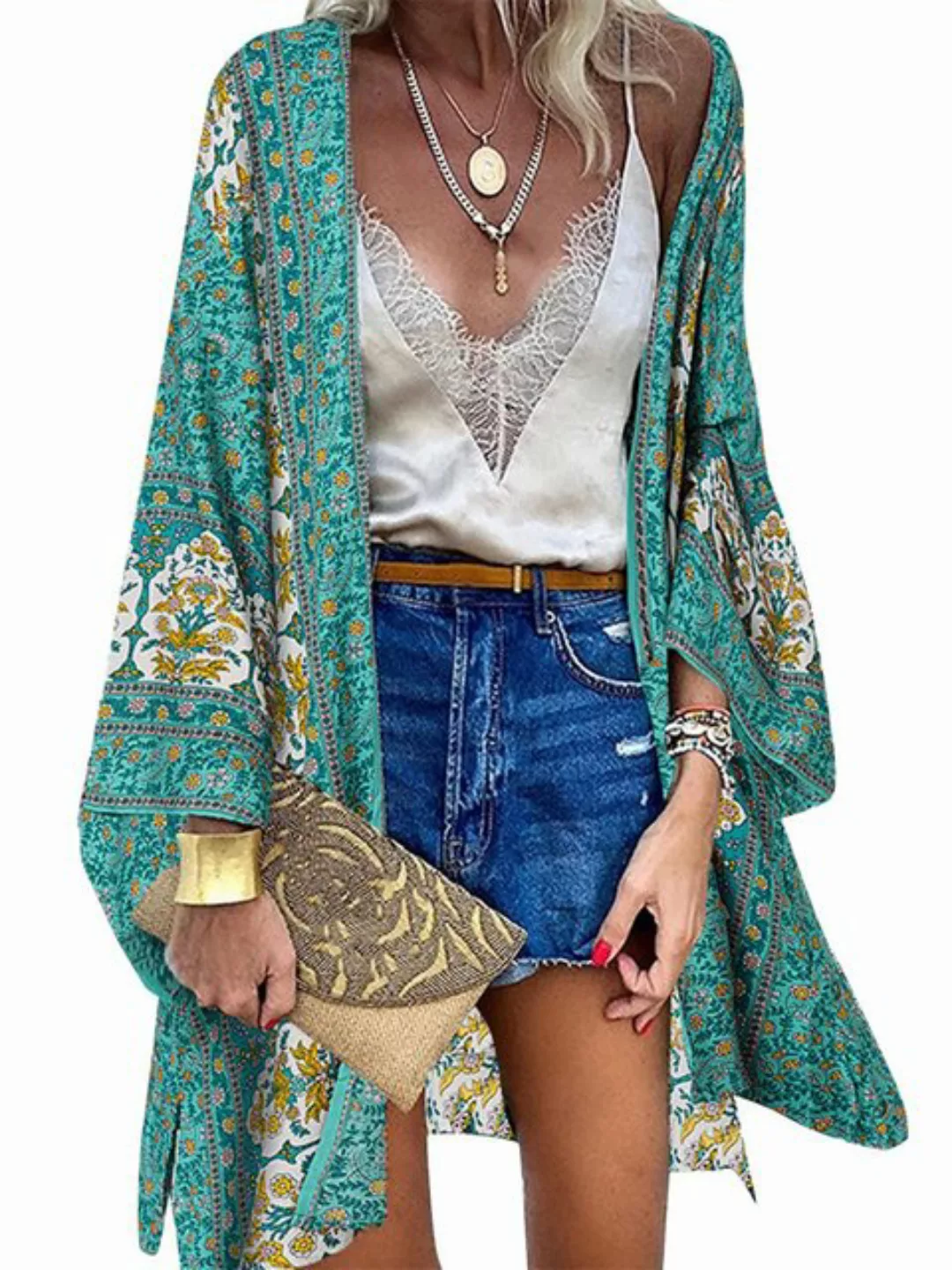 AFAZ New Trading UG Strandkleid Damen Blumendruck Kimono Strickjacke Boho S günstig online kaufen