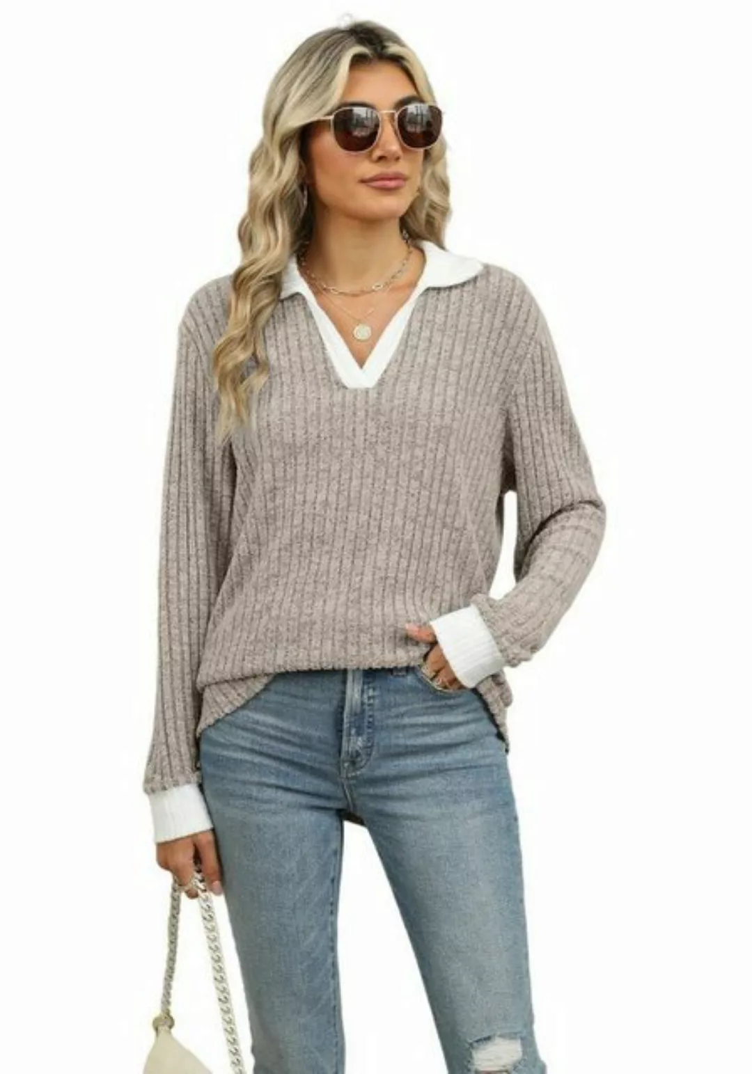 Nebelmeer Strickpullover Herbst-Winter-Farbenblock Frauenmode mit umgeschla günstig online kaufen