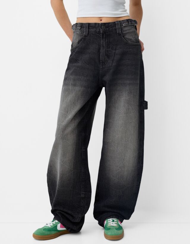 Bershka Wide Balloon Fit-Workwear-Jeans Damen 10-12 Schwarz günstig online kaufen