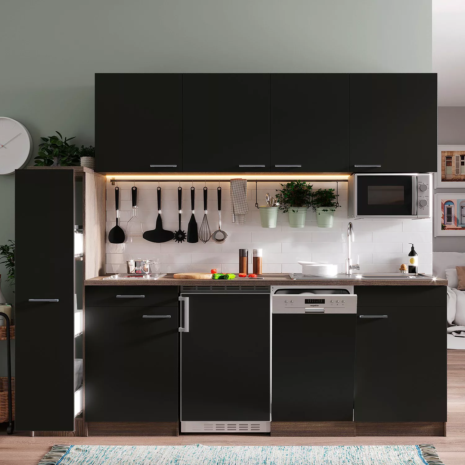 Respekta Küchenzeile KB225EYSMIC 225 cm Schwarz-Eiche York Nachbildung günstig online kaufen