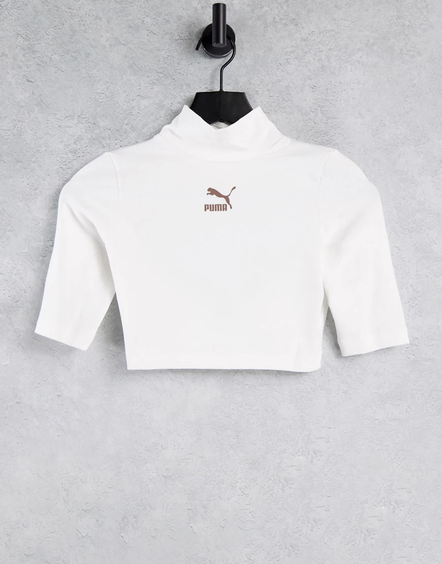 PUMA – Hochgeschlossenes T-Shirt mit kurzem Schnitt in Weiß günstig online kaufen