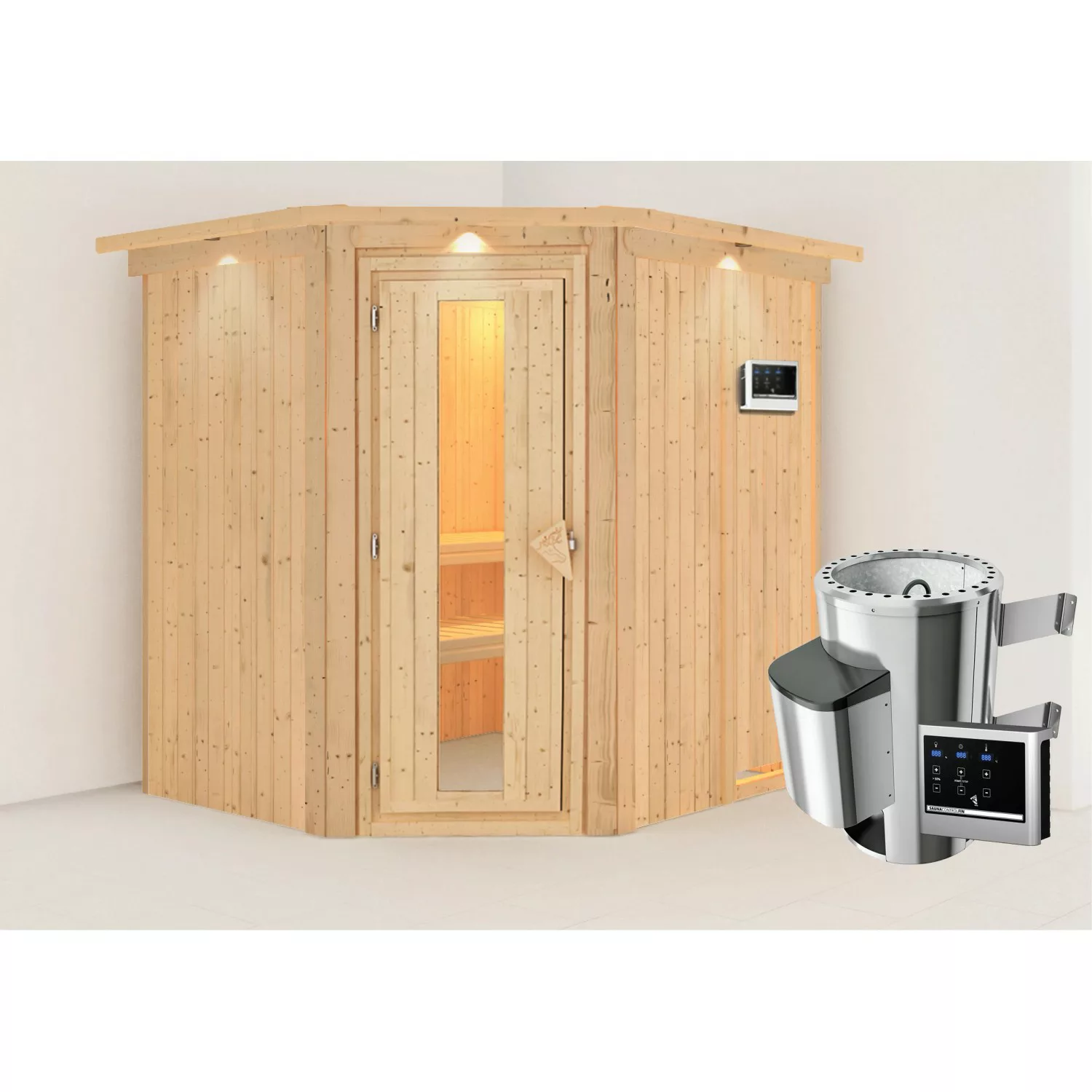 Karibu Sauna Livia mit Ofen externe Stg.Easy LED-Dachkranz Natur günstig online kaufen