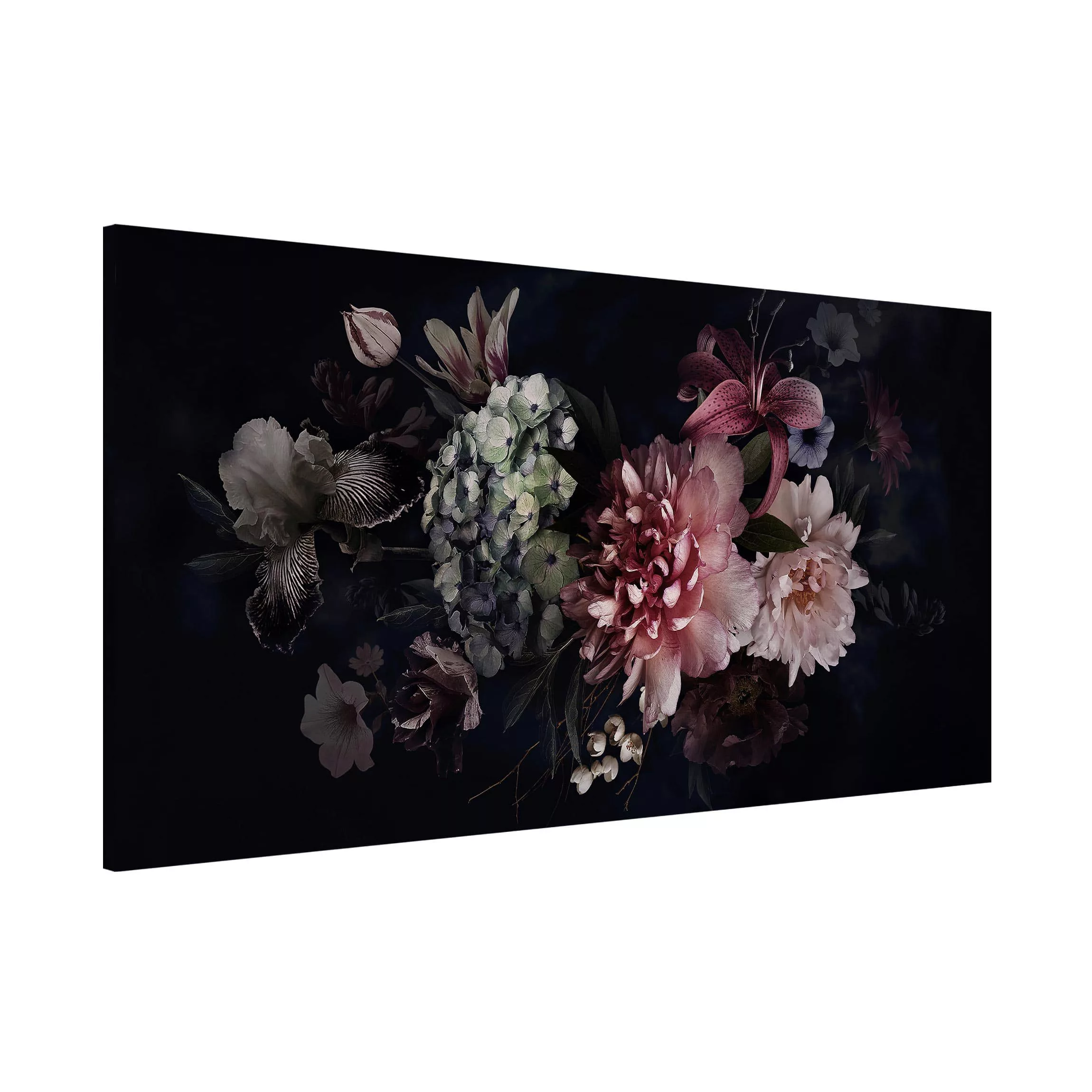 Magnettafel Blumen - Querformat 2:1 Blumen mit Nebel auf Schwarz günstig online kaufen