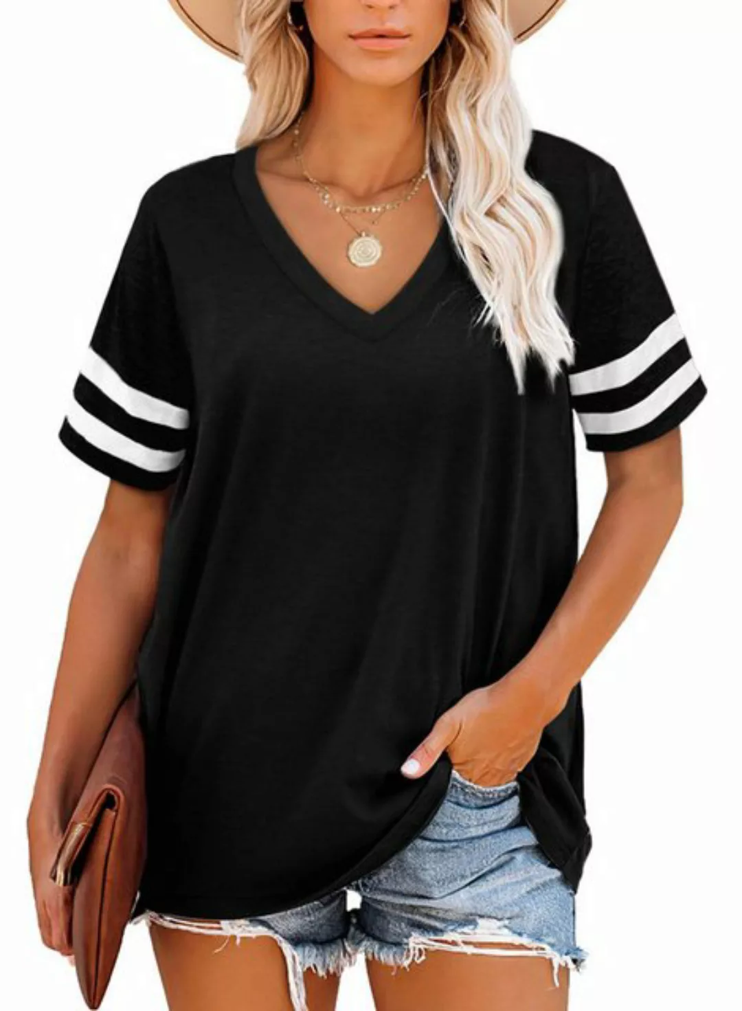 B.X Blusentop Damen elegant große größen T-Shirts weiß Tops Kurzarm V-Aussc günstig online kaufen