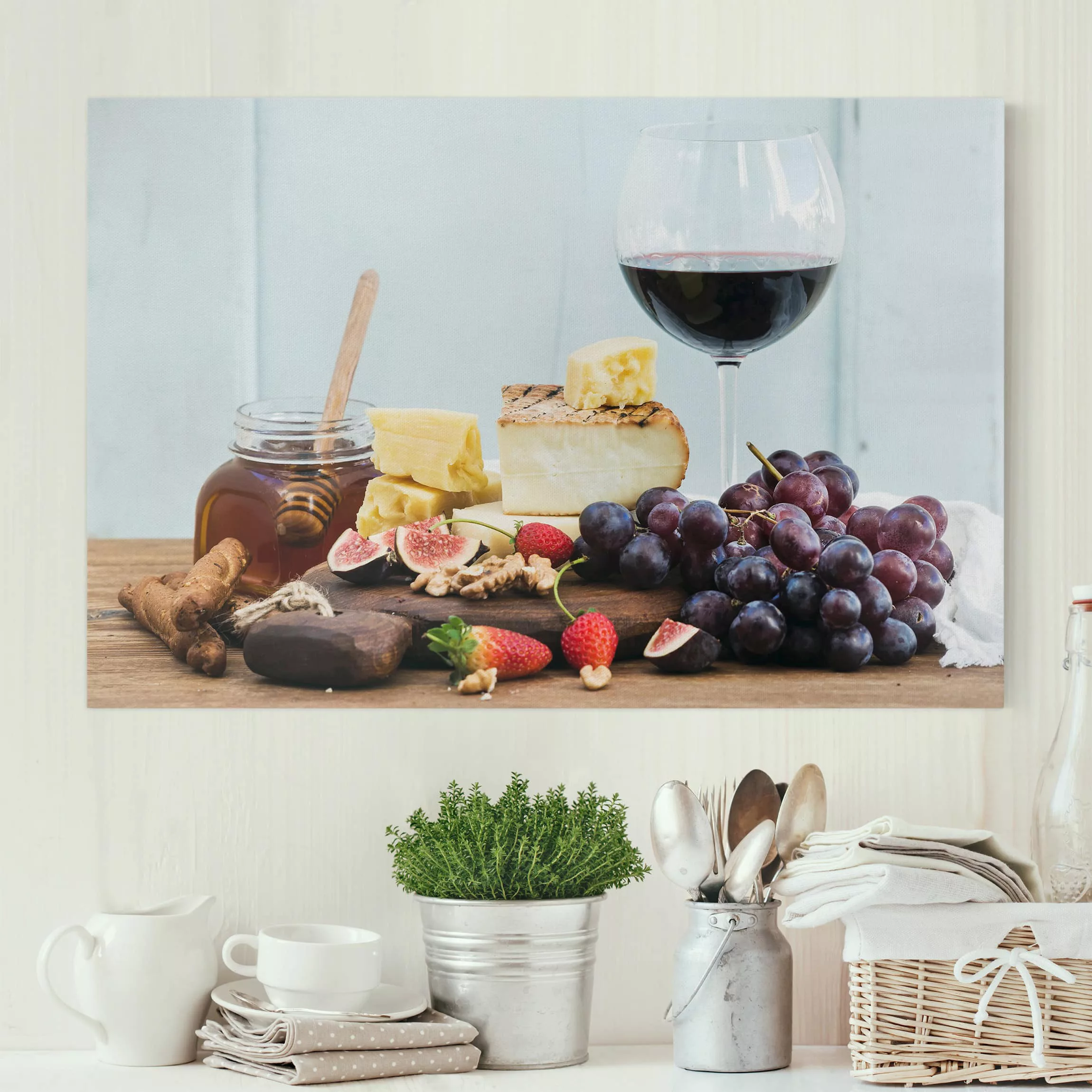 Leinwandbild Küche - Querformat Käse und Wein günstig online kaufen