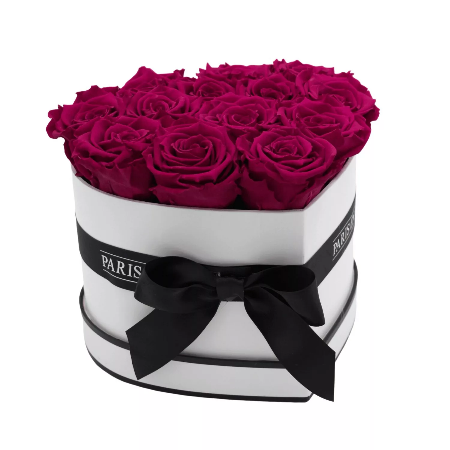 Rosenbox Herz Weiß-Schwarz mit 13 Pinke Rosen günstig online kaufen