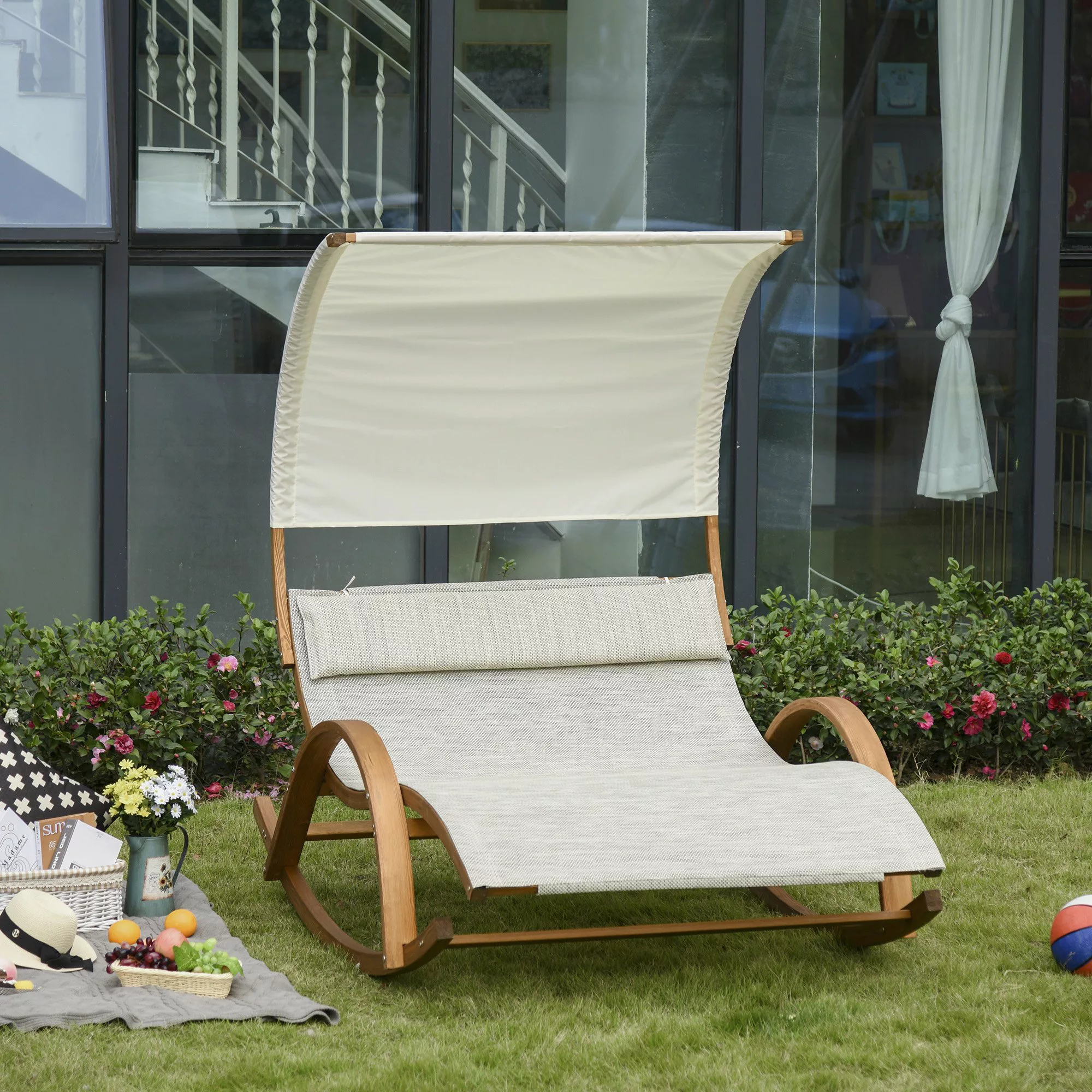Outsunny Doppelliege Sonnenliege Schaukelliege Relaxliege mit Dach Lärche G günstig online kaufen