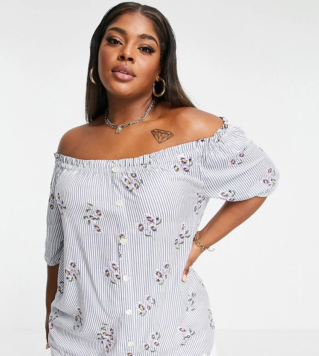 Yours – Bardot-Bluse mit Blumenmuster-Blau günstig online kaufen