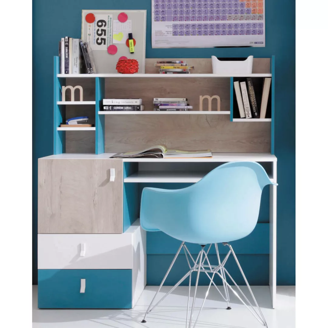 Schreibtisch mit Regalaufsatz PITTSBURGH-133 in weiß mit Eiche und blau günstig online kaufen