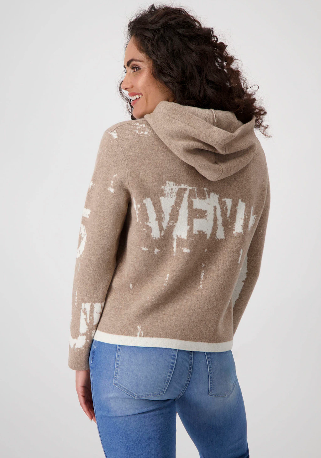 Monari Strickpullover "Pullover Jacquard Schrift", mit Kapuze günstig online kaufen