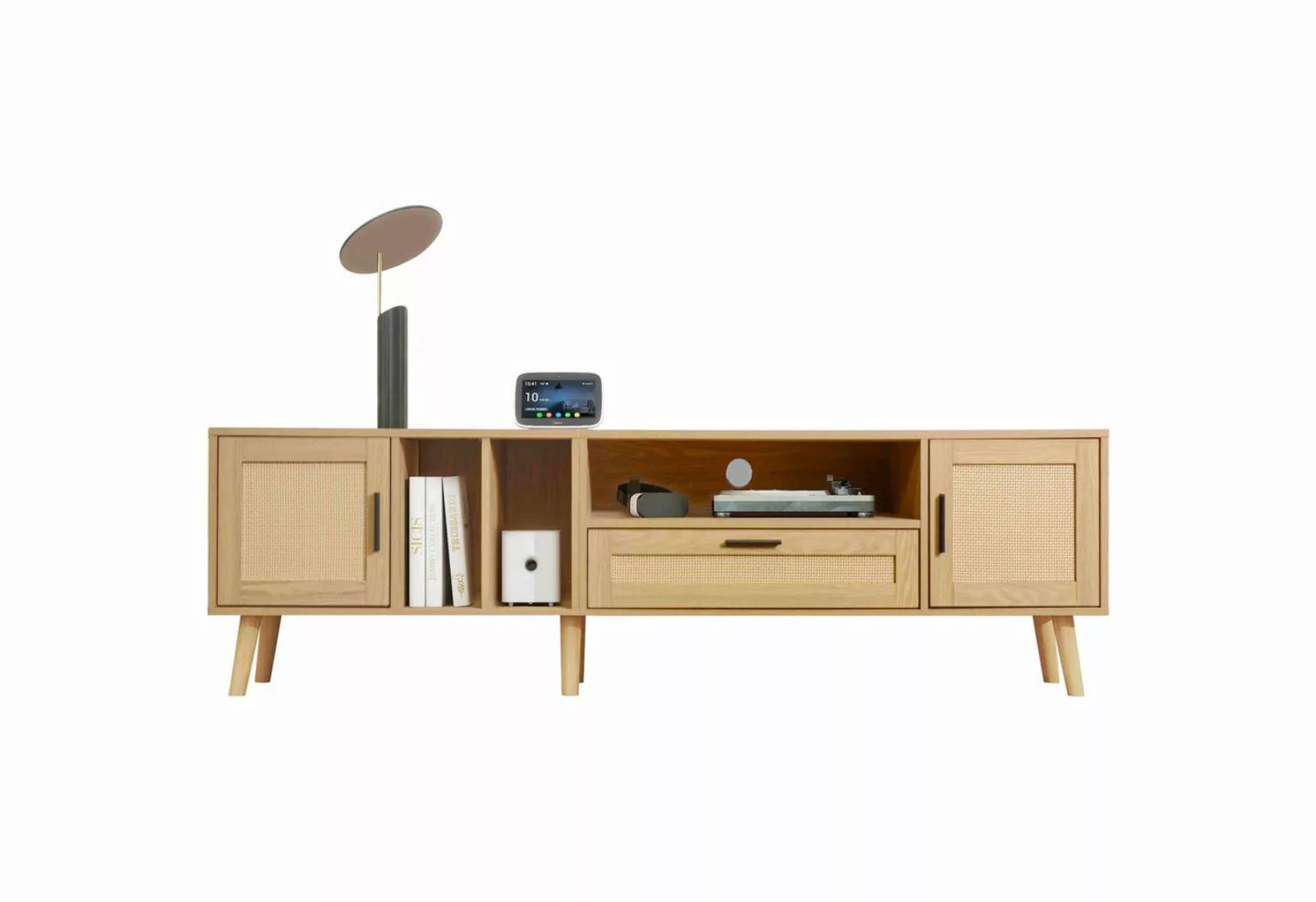 BlingBin TV-Schrank Lowboard TV-Board Rattan-Türdesign Natural Oak (Mit dre günstig online kaufen