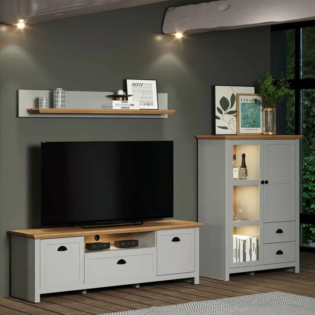 Landhaus Design TV Wohnwand in Lichtgrau 160 cm hoch (dreiteilig) günstig online kaufen