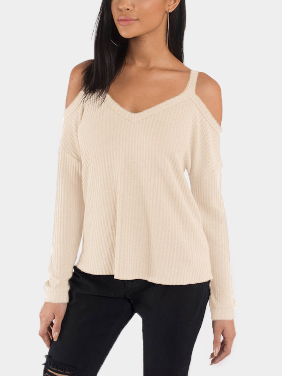 Beige Cold Shoulder Long Sleeves Top mit hohem, niedrigem Saum günstig online kaufen