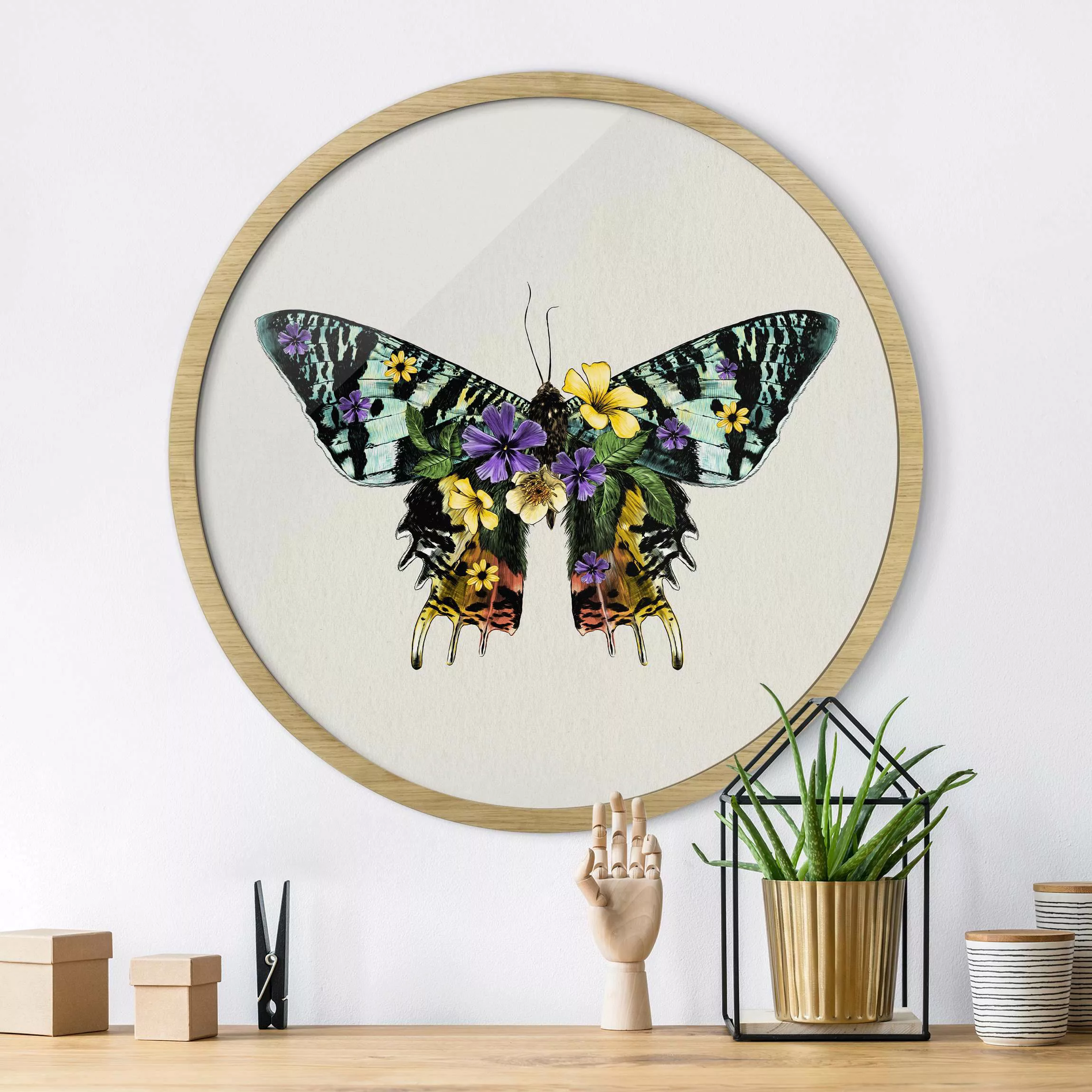 Rundes Gerahmtes Bild Illustration floraler Madagaskar Schmetterling günstig online kaufen