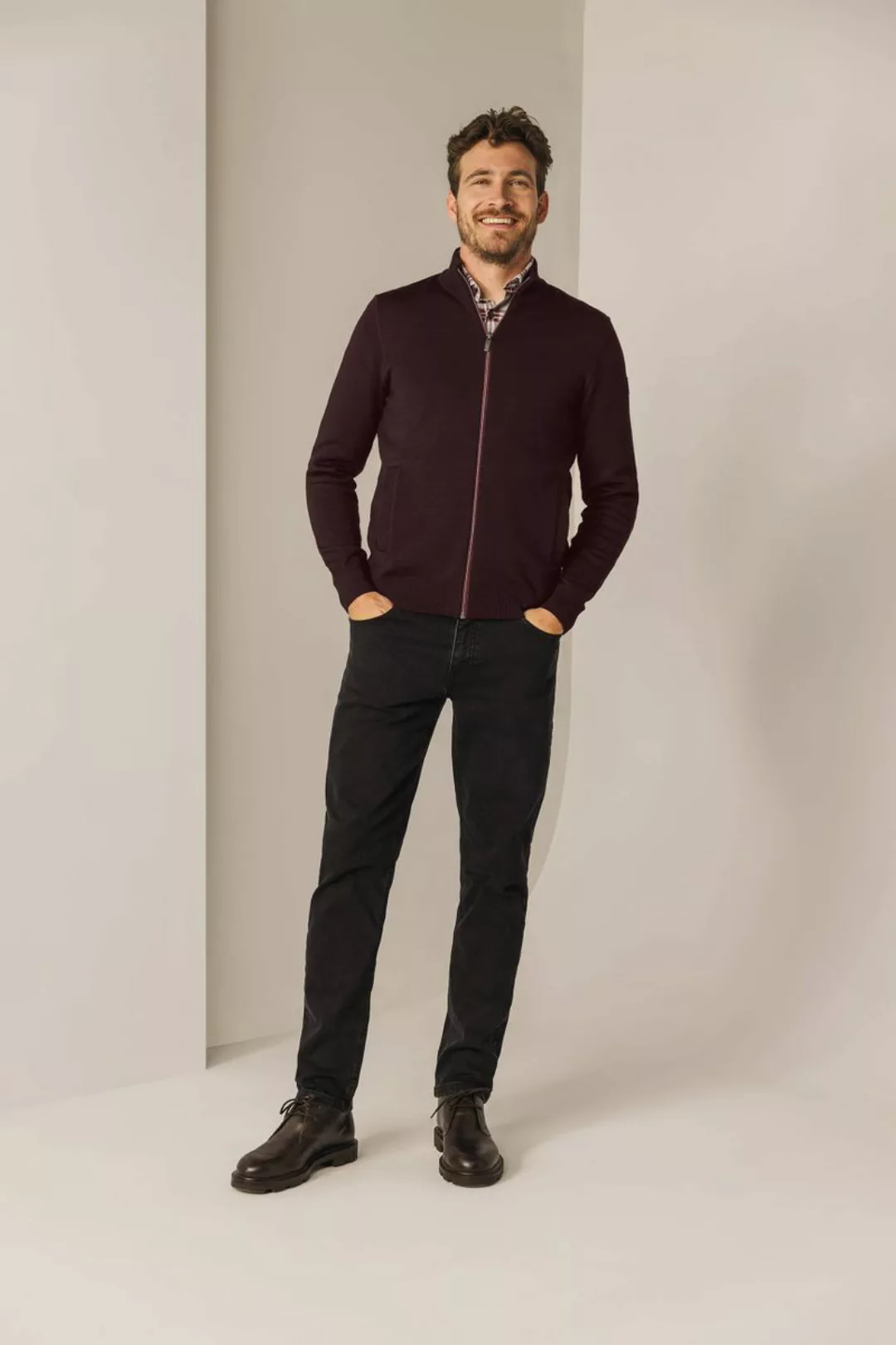 State Of Art Strickjacke Fine Contrast Wool Blend Bordeaux - Größe XXL günstig online kaufen