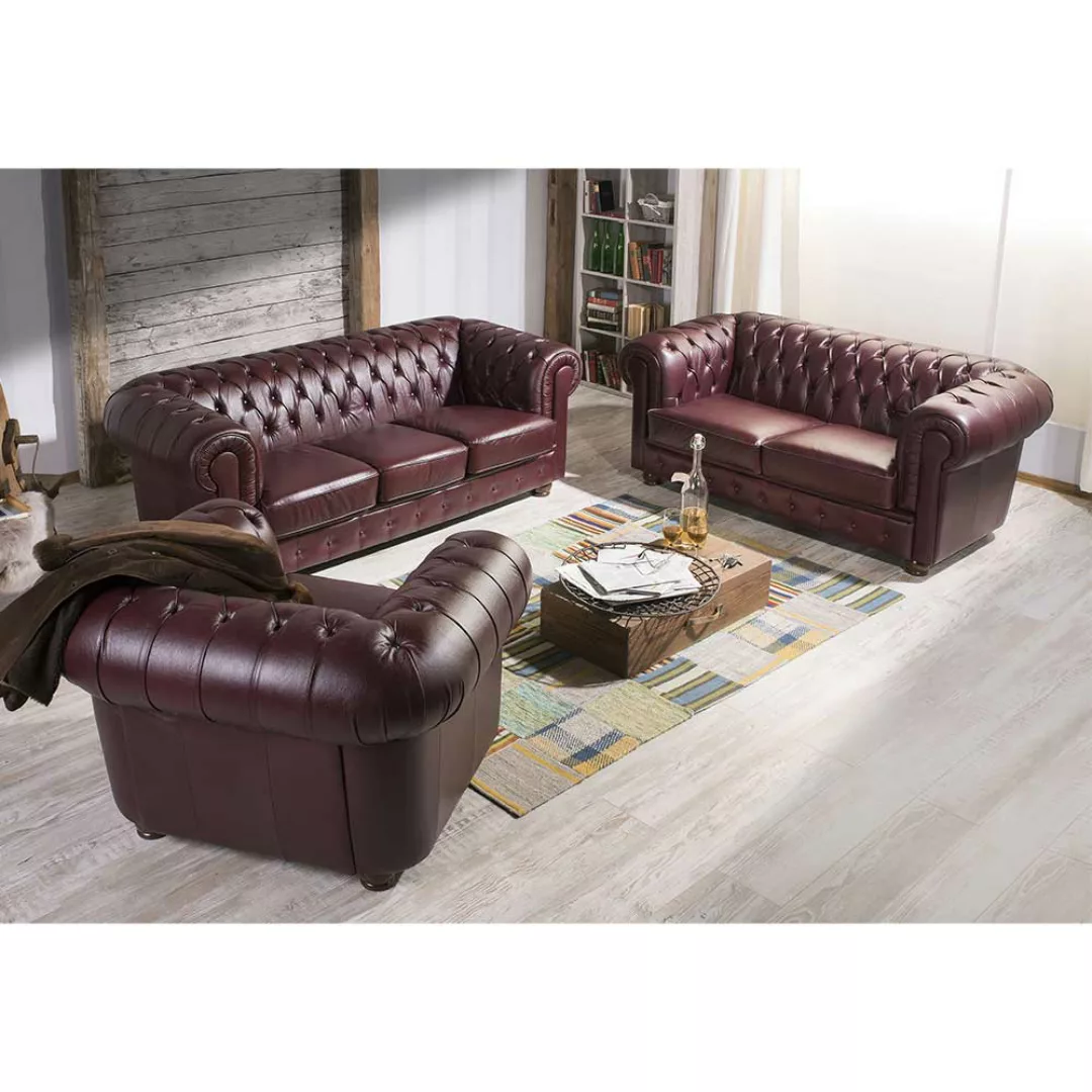 Polstergarnitur Chesterfield in Rotbraun Echtleder (dreiteilig) günstig online kaufen