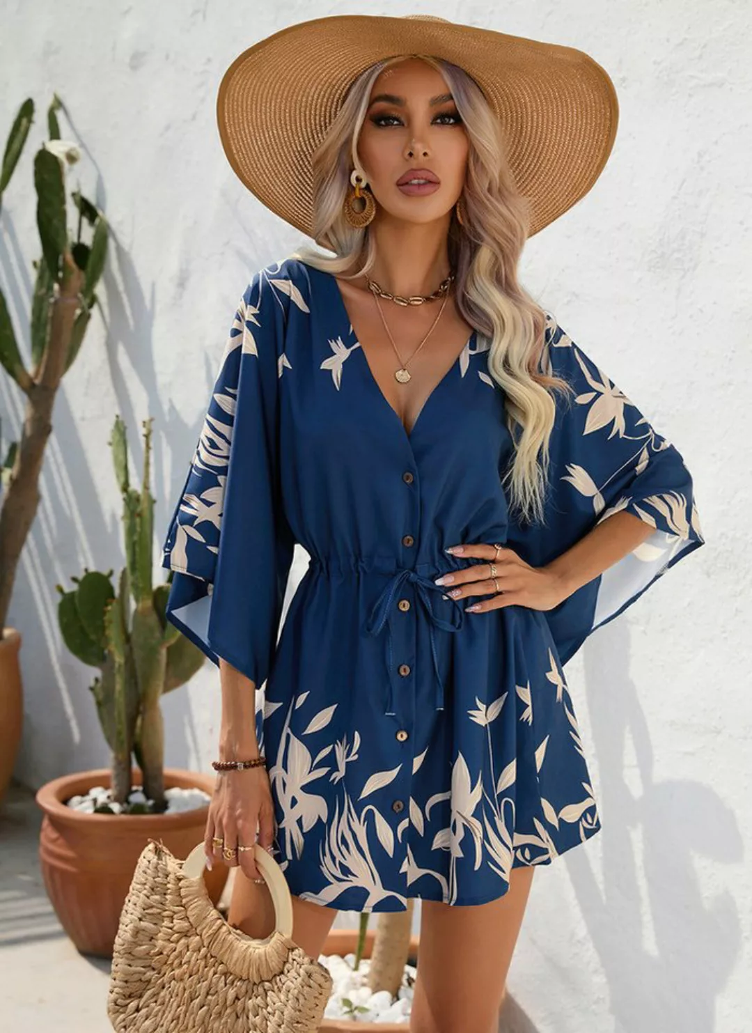 BlauWave Druckkleid Sommer-Blatt-Druck Fünf-Punkte-Ärmel-Kleid (Bequeme Pas günstig online kaufen