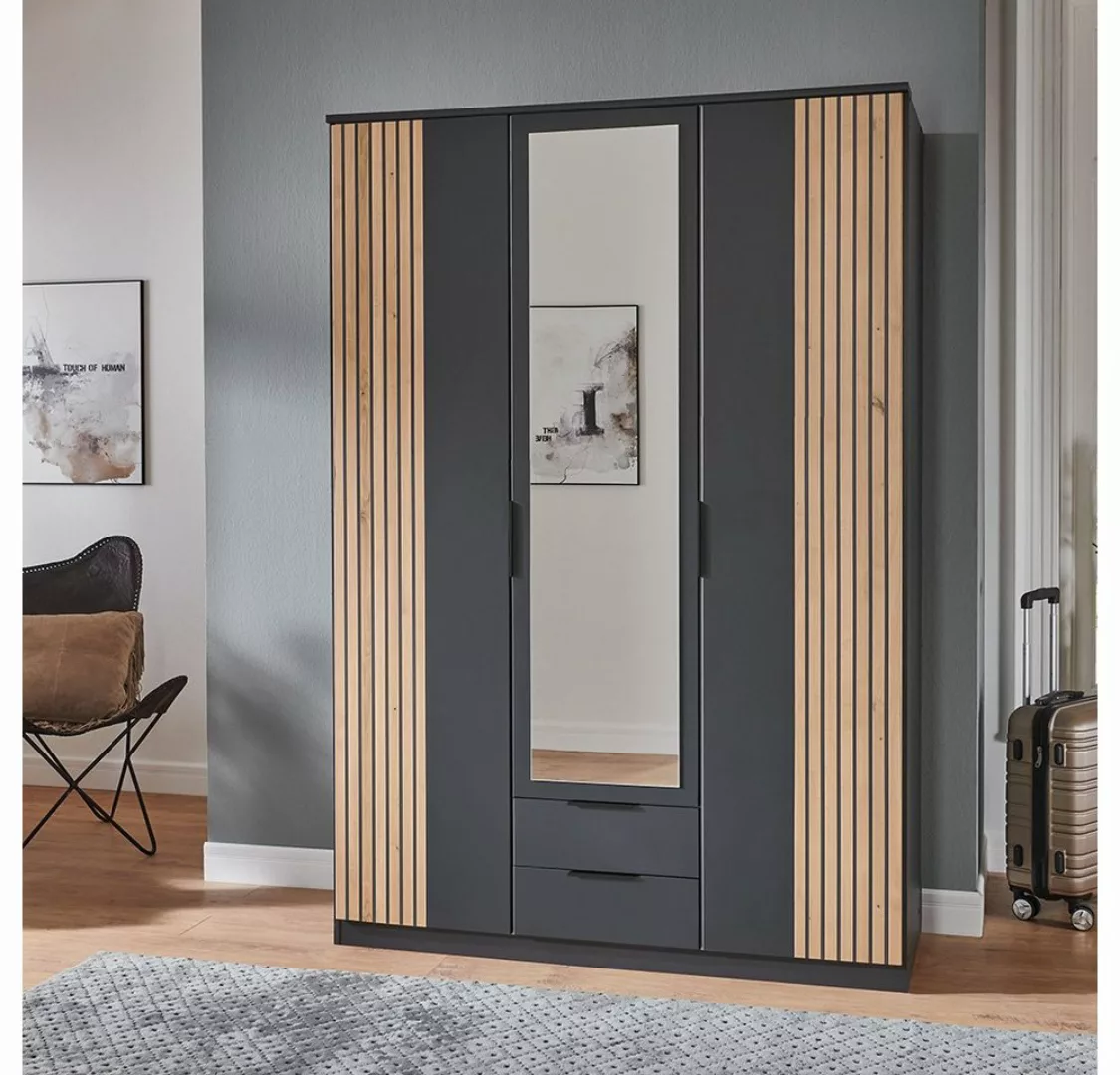 Lomadox Kleiderschrank LAZISE-43 Drehtürenschrank 135cm, graphit mit Eiche, günstig online kaufen