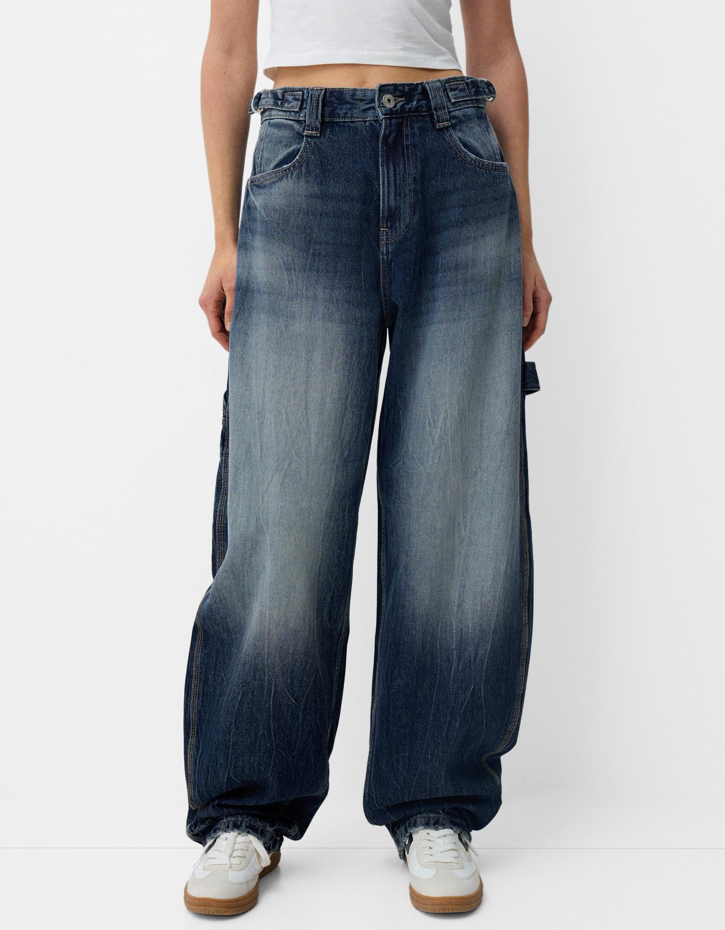 Bershka Verstellbare Workwear-Jeans Im Balloon-Fit Damen 42 Dunkelblau günstig online kaufen