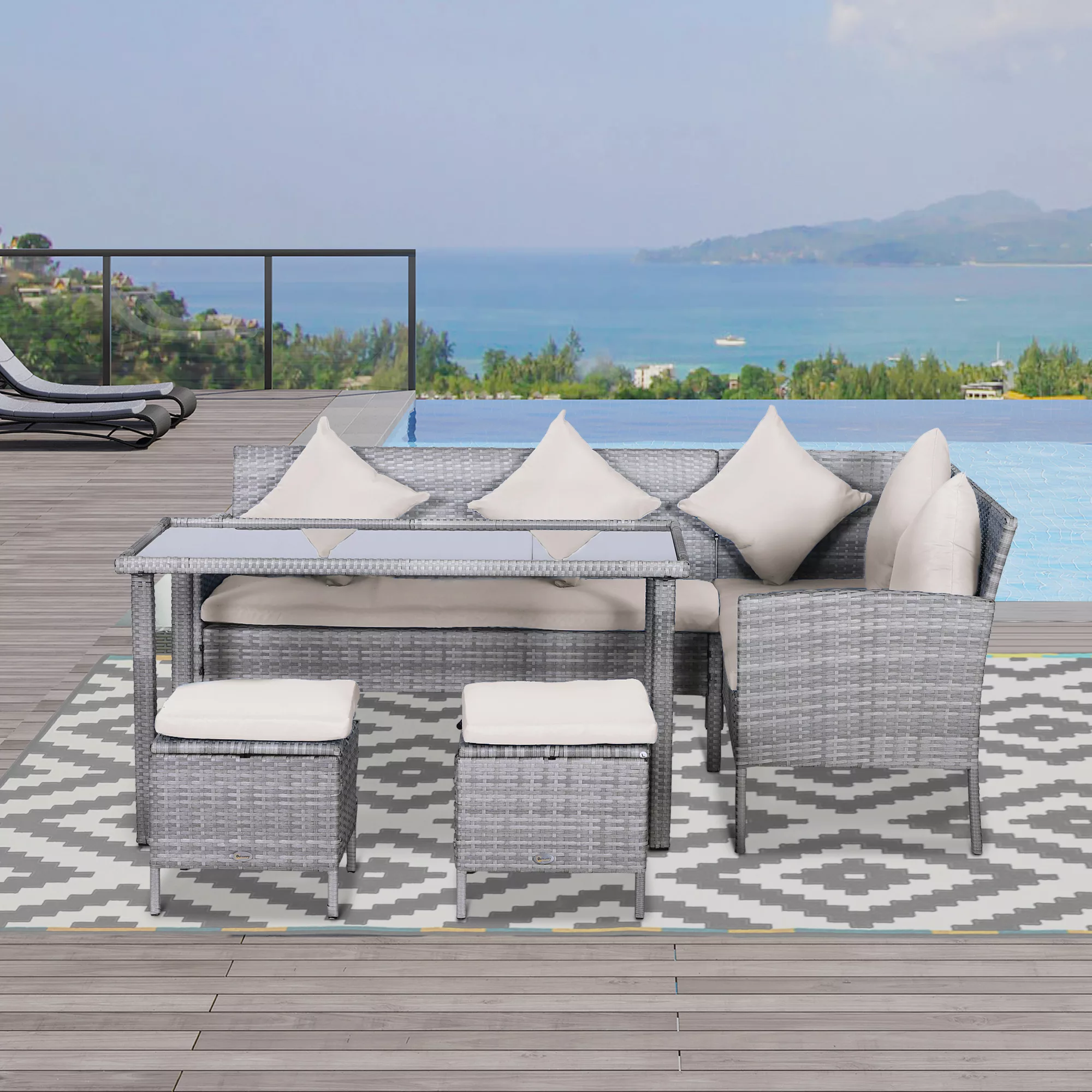 Outsunny Rattan Gartenmöbel Set Sitzgruppe mit Fußhocker aus Metall Grau 13 günstig online kaufen