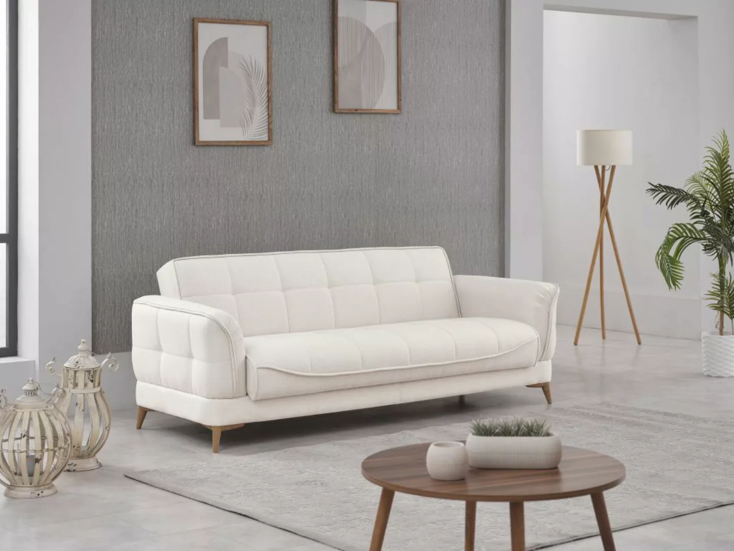 Schlafsofa Klappsofa 3-Sitzer - Stoff - Beige - PODIDA günstig online kaufen