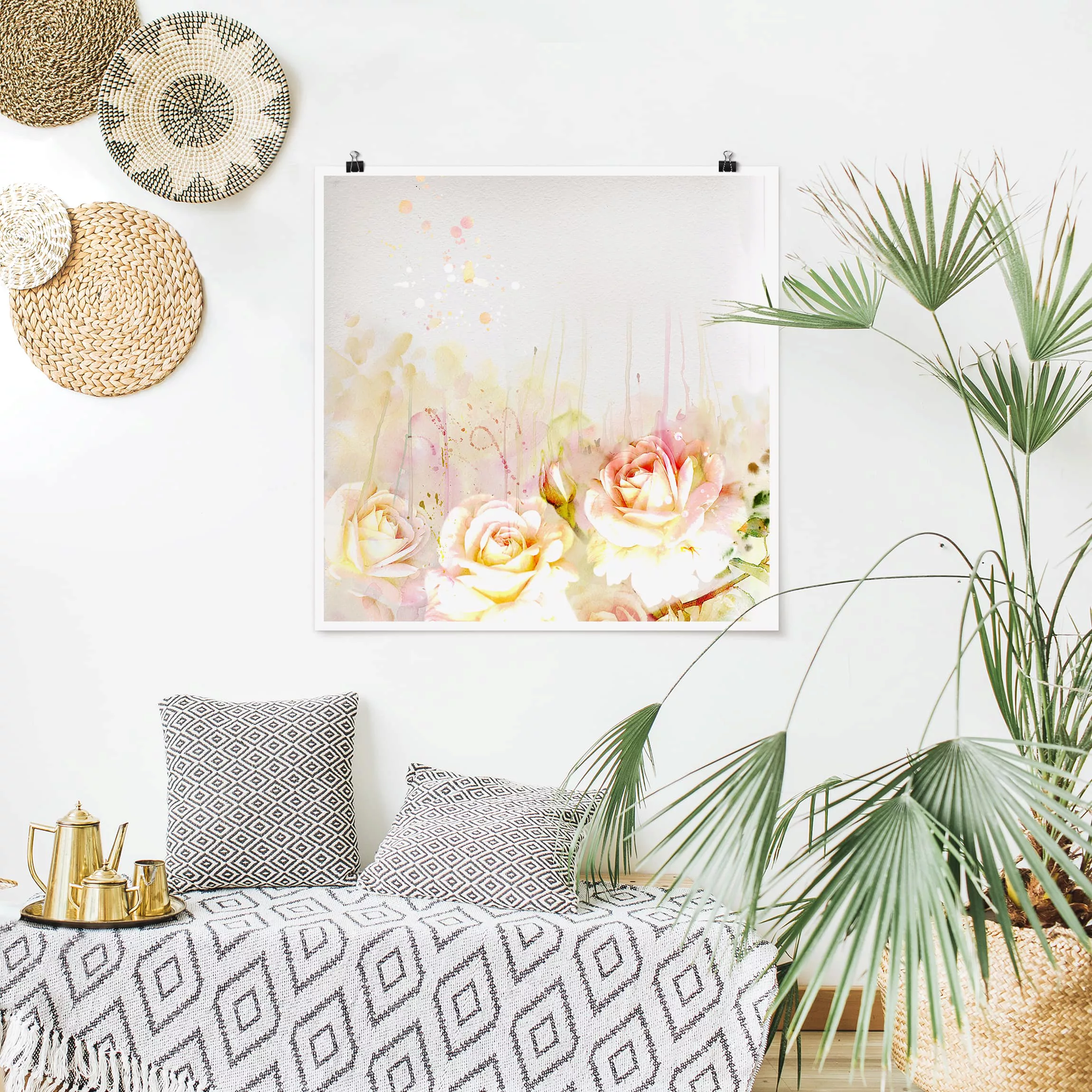 Poster Blumen - Quadrat Aquarell Blumen Rosen günstig online kaufen