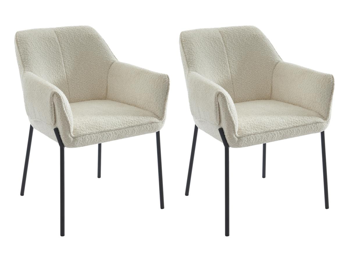 Stuhl mit Armlehnen 2er-Set - Bouclé-Stoff & schwarzes Metall - Cremefarben günstig online kaufen