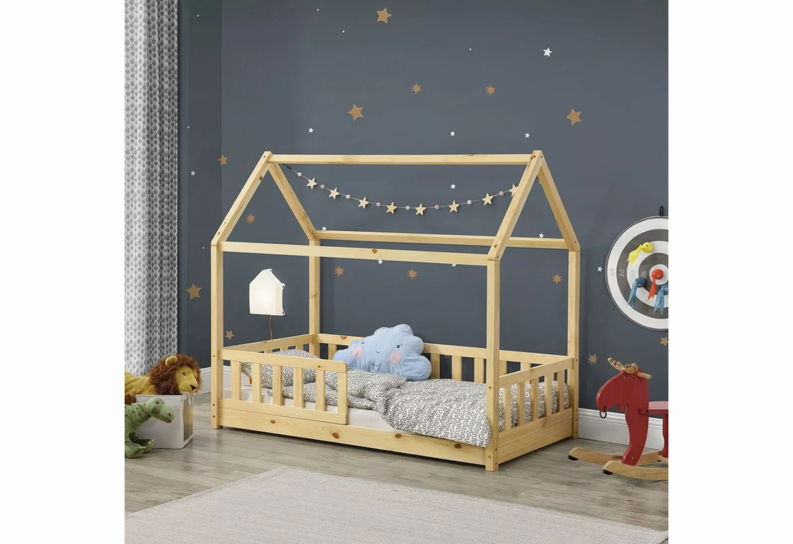 Juskys Kinderbett Marli, 80x160 cm, Hausoptik mit Dach, Holz, Rausfallschut günstig online kaufen
