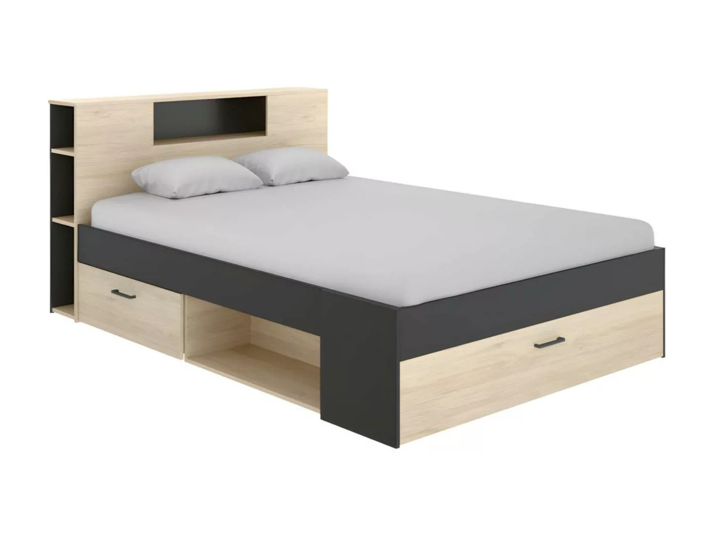 Bett mit Stauraum & Schubladen - 140 x 190 cm - Naturfarben & Anthrazit - L günstig online kaufen