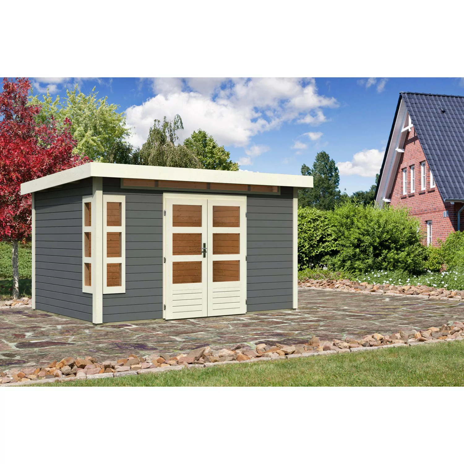 Karibu Holz-Gartenhaus Kastberg Terragrau Flachdach Lackiert 360 cm x 240 c günstig online kaufen