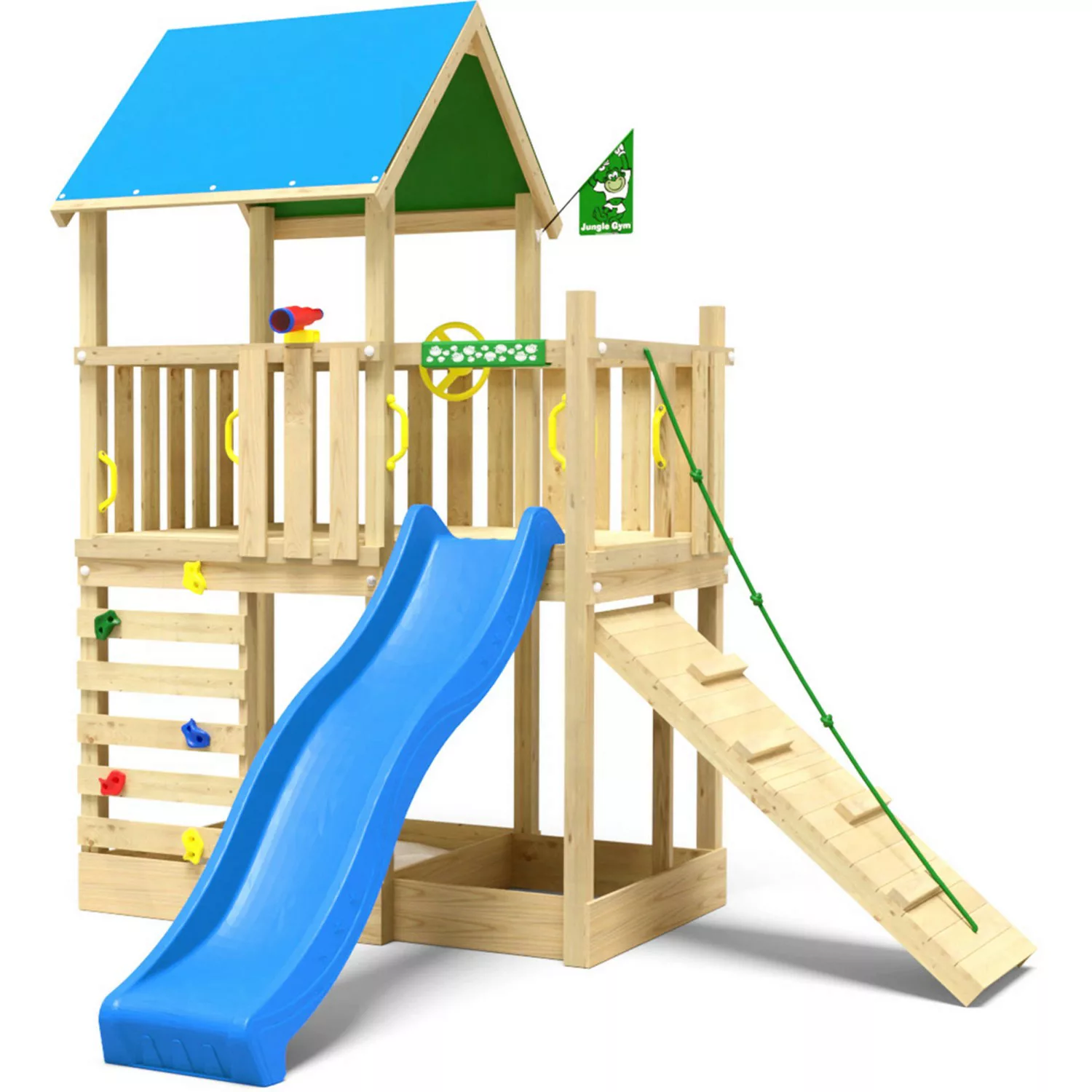 Jungle Gym Spielturm Wonder Holz mit Planendach Kletterrampe Rutsche Blau günstig online kaufen