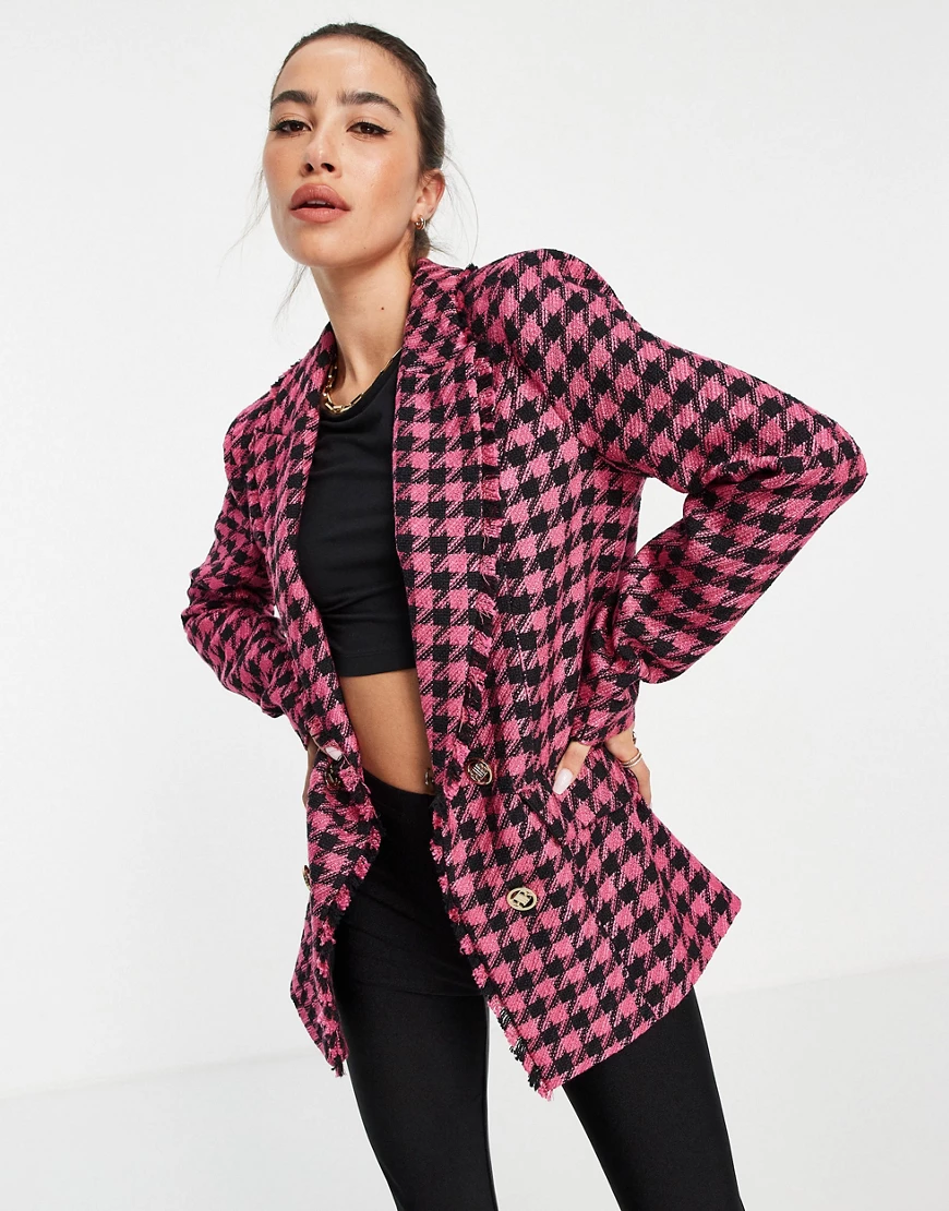 River Island – Bouclé-Blazer mit Hahnentrittmuster in Schwarz und Rosa günstig online kaufen