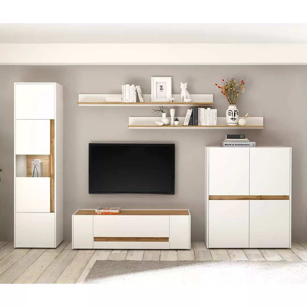Design Wohnwand in Weiß und Wildeichefarben 2 Regalen (fünfteilig) günstig online kaufen