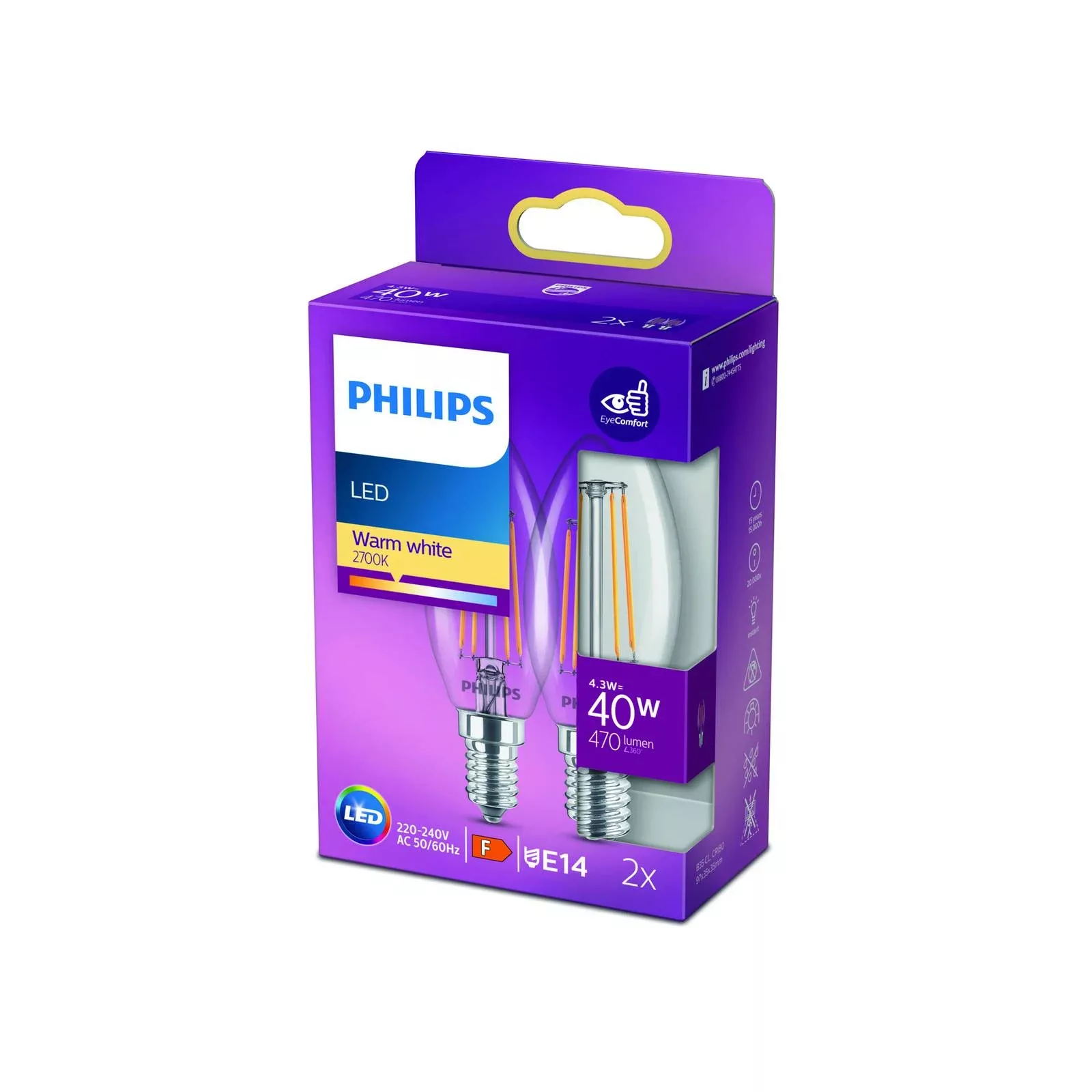 Philips LED-Kerze Filament E14 4,3W 2.700K 2er günstig online kaufen