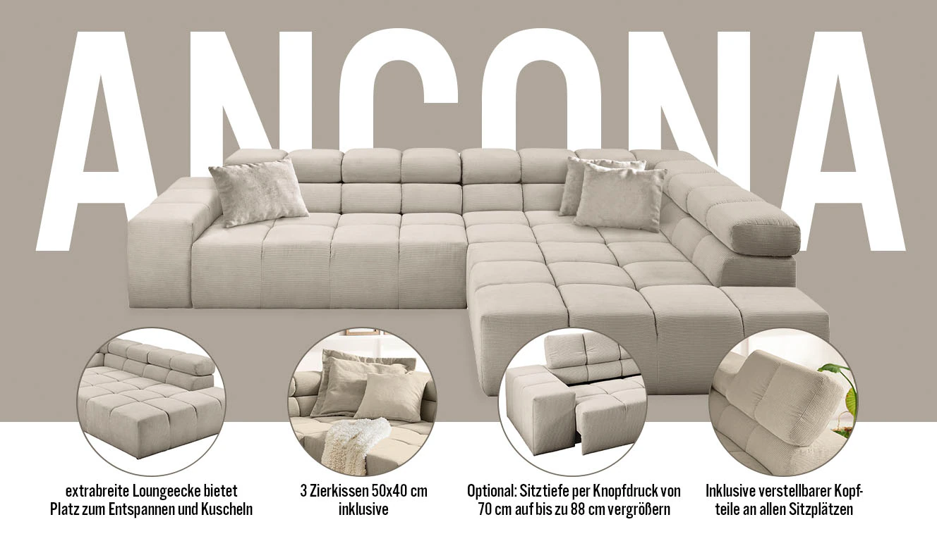 INOSIGN Ecksofa Ancona incl. Kopfteilverstellung, Zierkissen Breite 319cm, günstig online kaufen