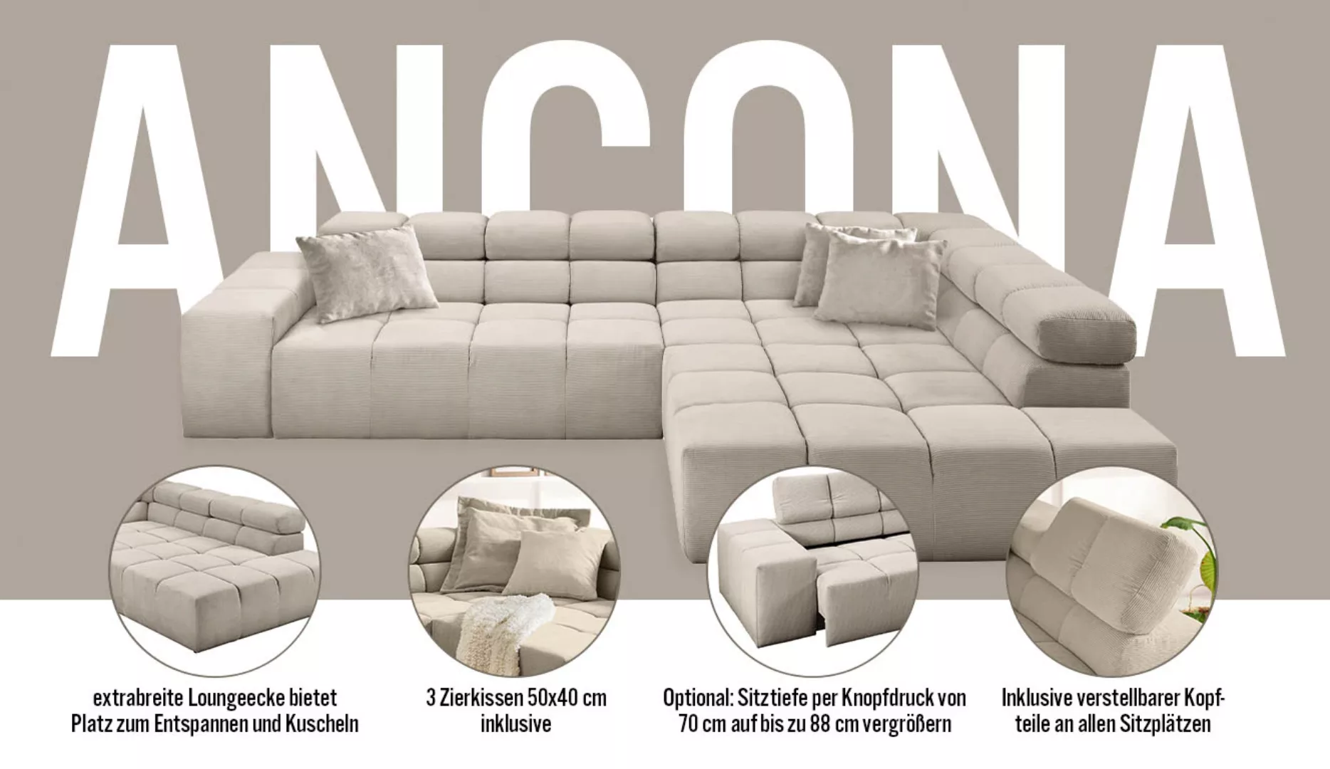 INOSIGN Ecksofa "Ancona, incl. Kopfteilverstellung + 3 Zierkissen L-Form,", günstig online kaufen