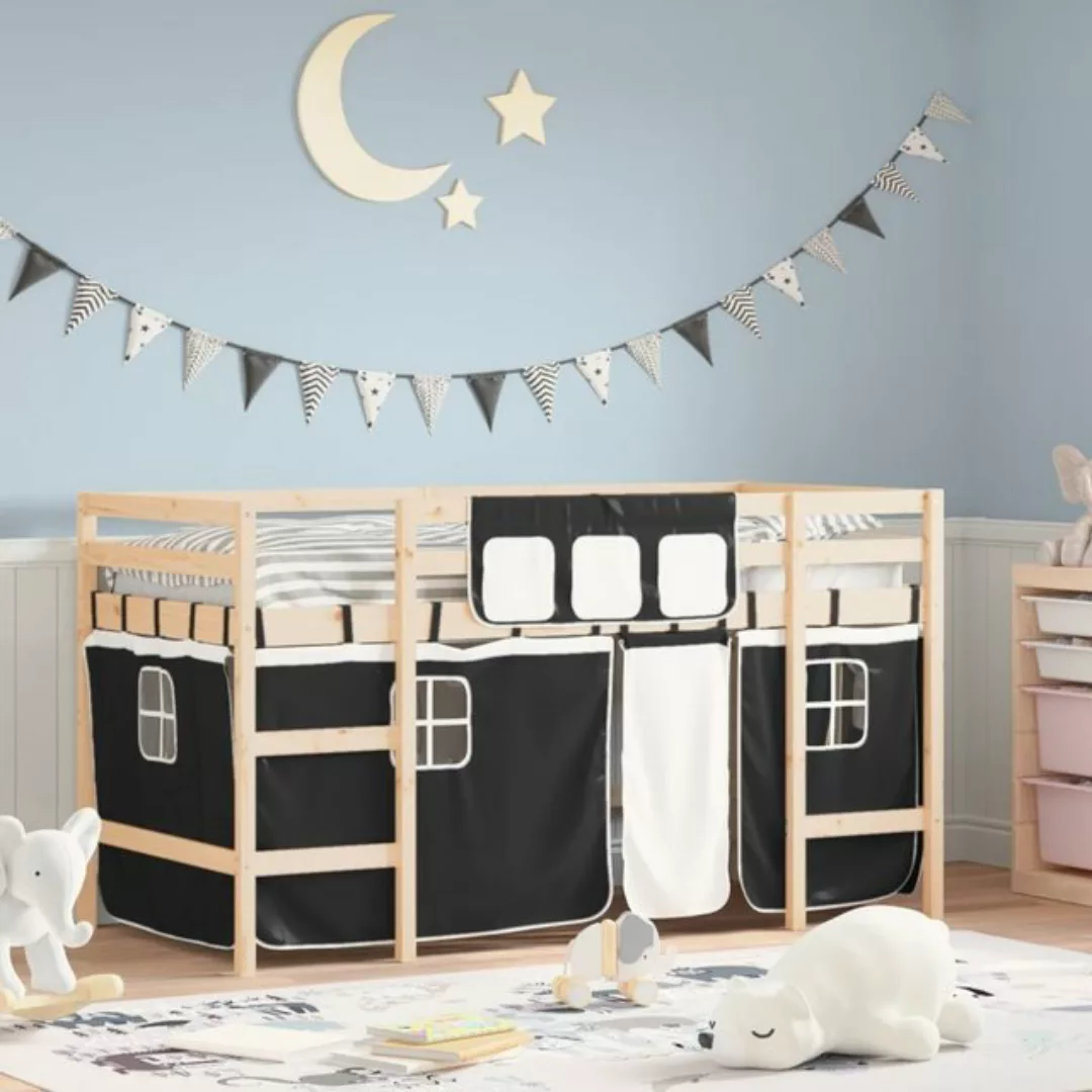 vidaXL Bett Kinderhochbett mit Vorhängen Weiß und Schwarz Massivholz Kiefer günstig online kaufen